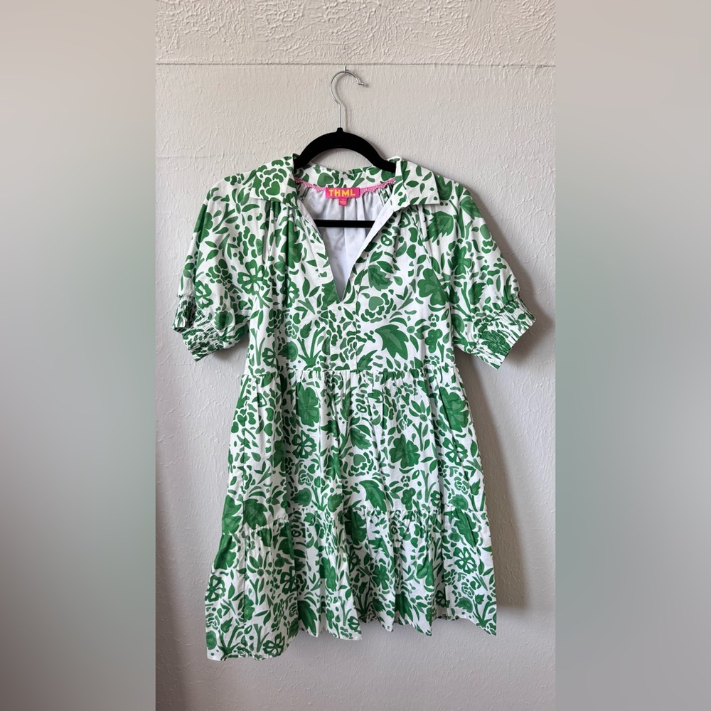 THML White Dress with Green Floral Print